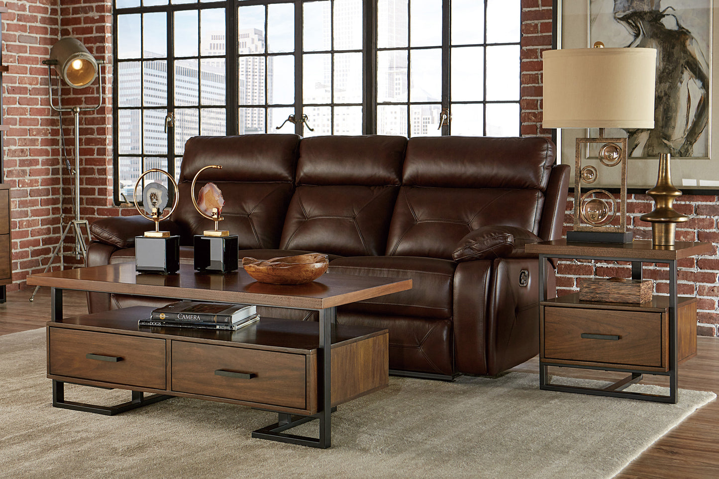 Contemporary Design Coffee Table with Drawers - Walnut and Black