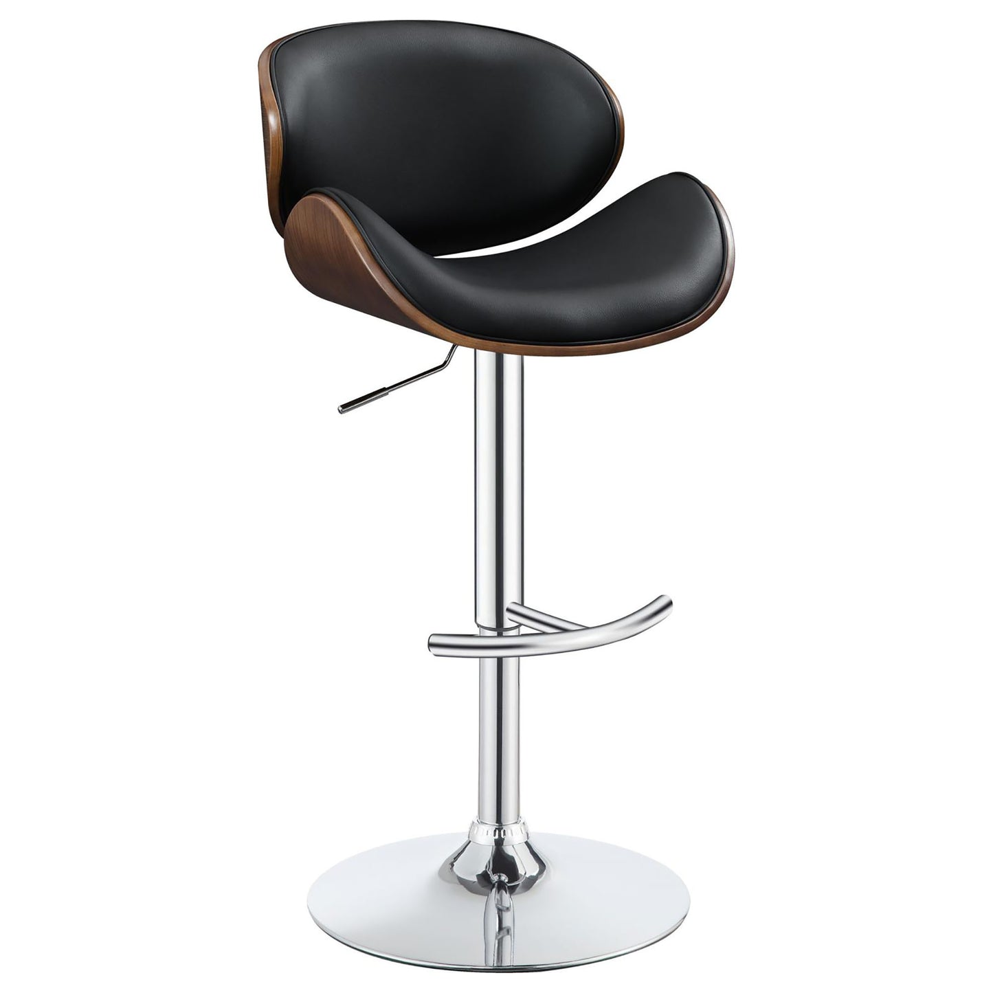 Black leather and walnut curved back bar stool with chrome base