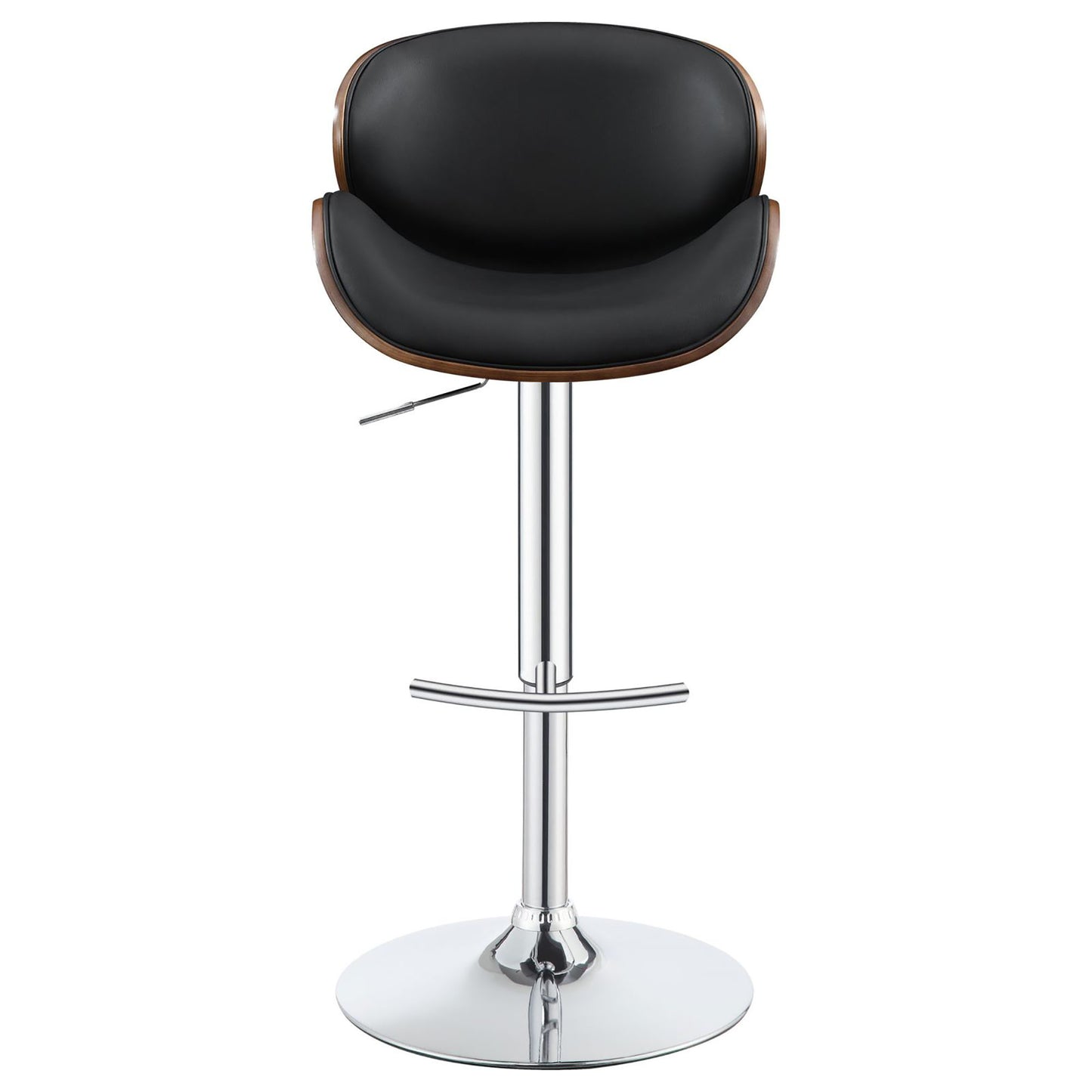 Black faux leather bar stool with walnut wood accent and chrome base