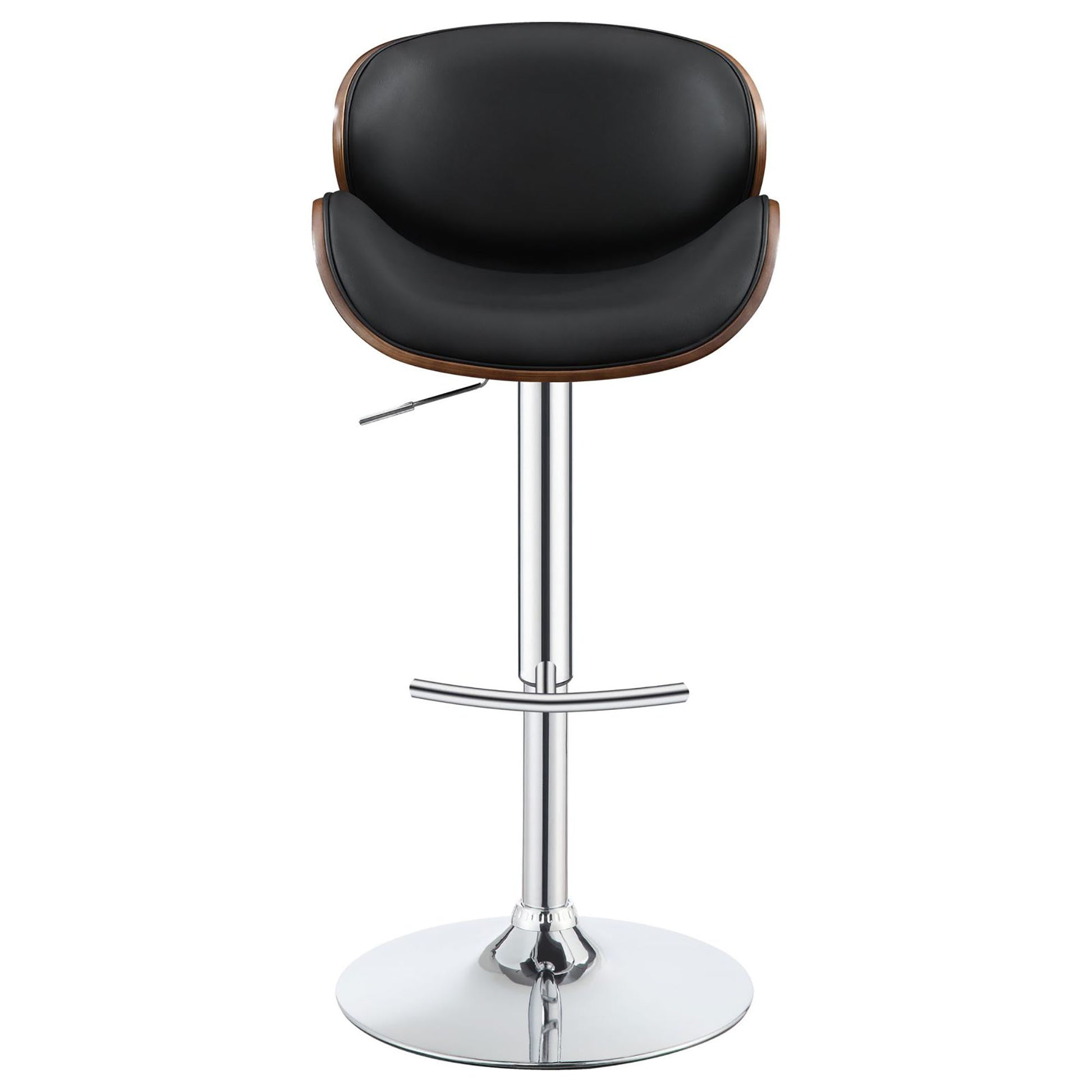 Black faux leather bar stool with walnut wood accent and chrome base