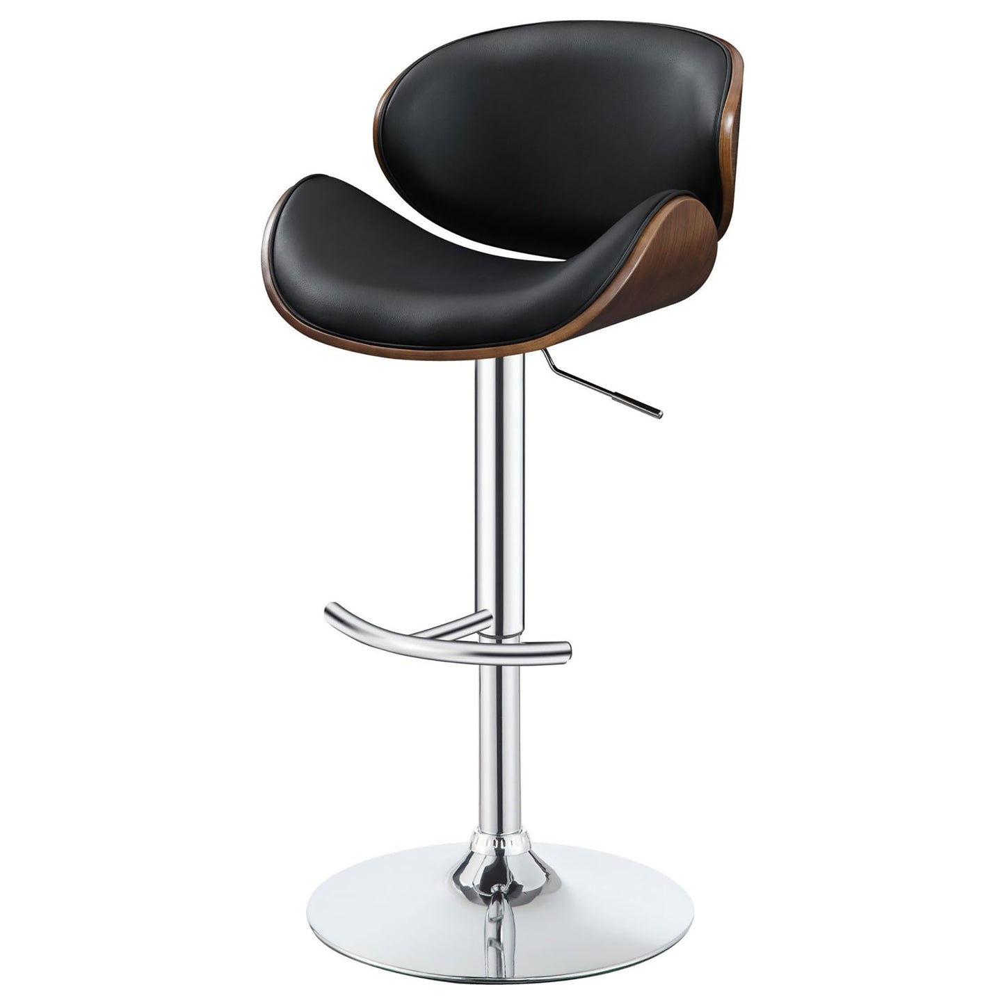 Black leather and wood swivel bar stool with chrome base