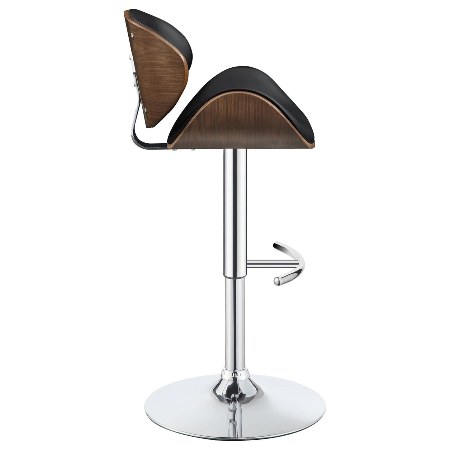 Modern bar stool with black seat and curved walnut wood backrest