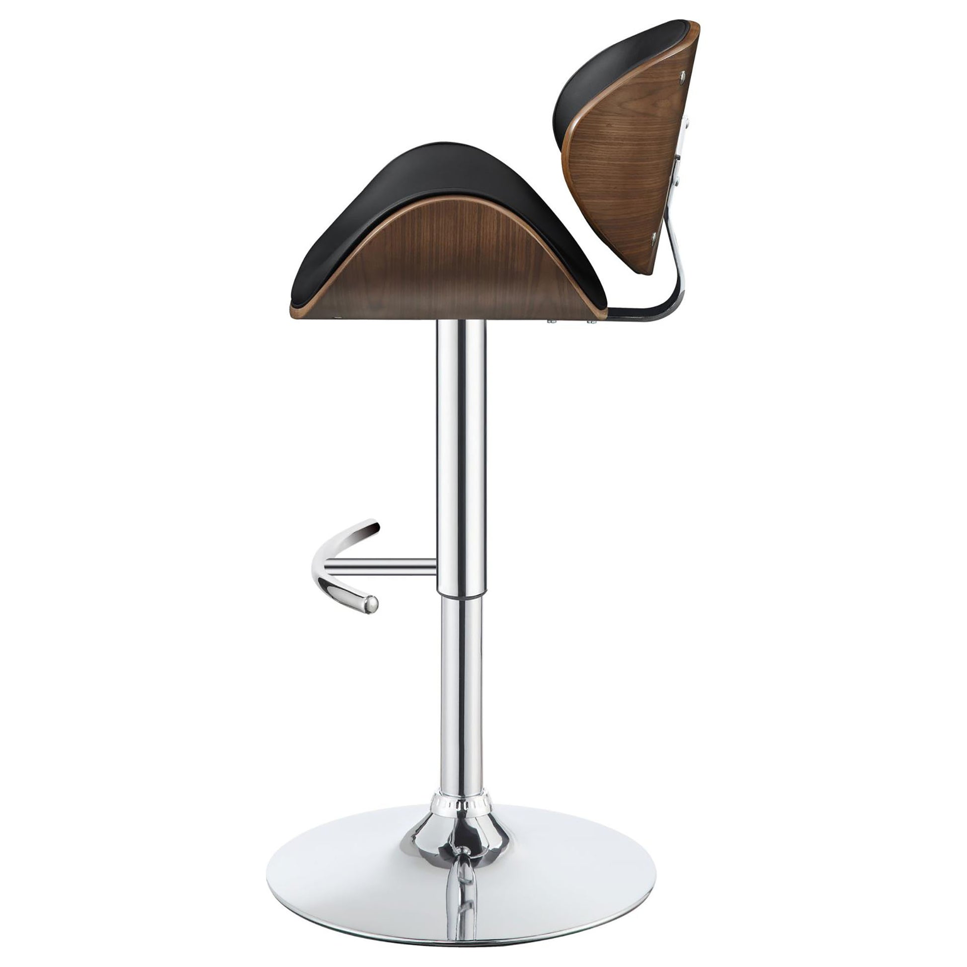 Modern black leather and walnut bar stool with chrome base