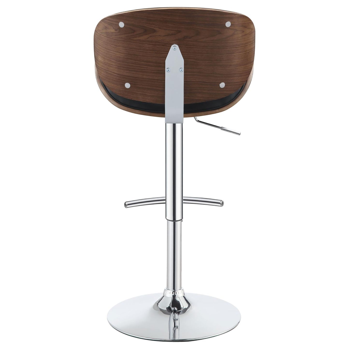 Back view of a modern walnut wood bar stool with chrome base and adjustable height