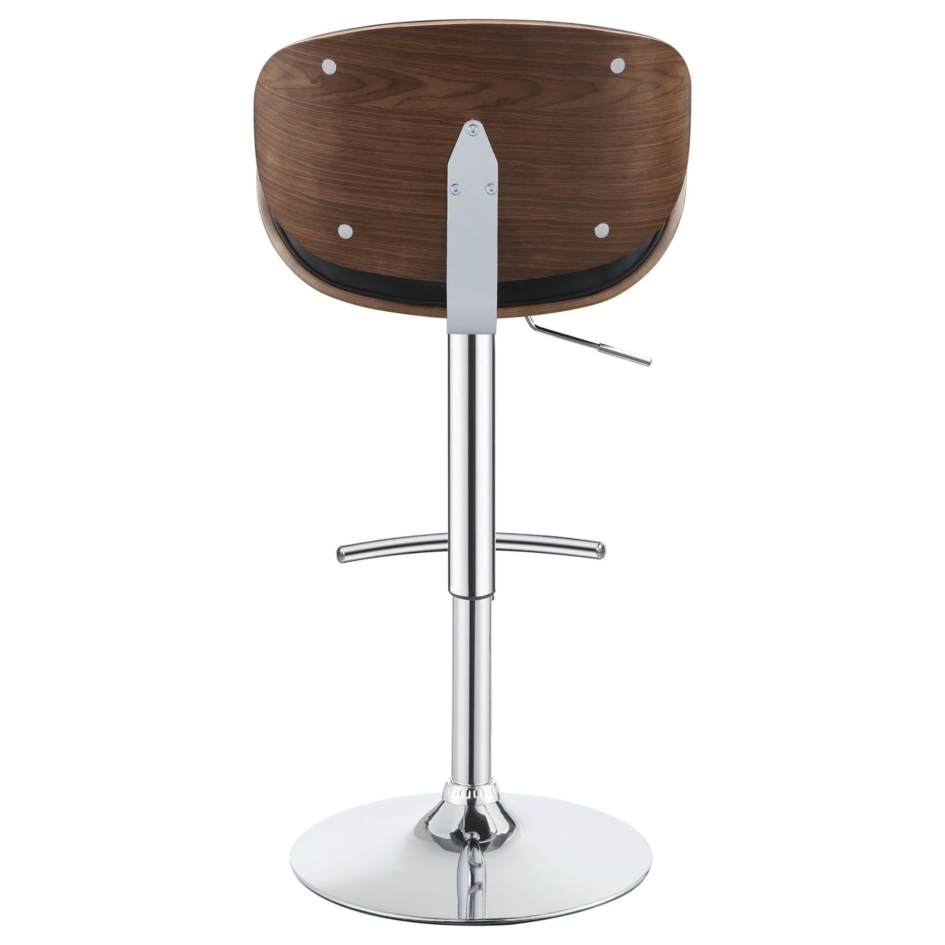 Back view of a modern walnut wood bar stool with chrome base and adjustable height