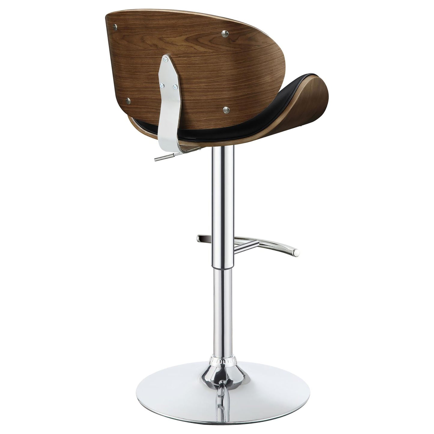 Modern walnut wood and black leather bar stool with chrome base