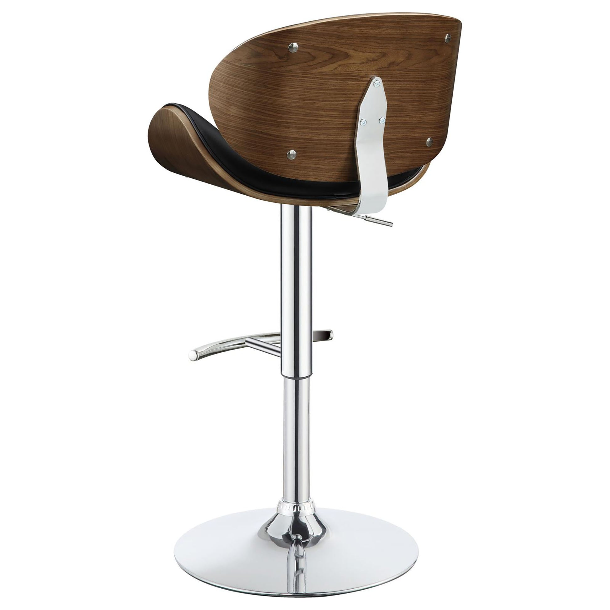 Adjustable modern bar stool with walnut wood veneer and black seat
