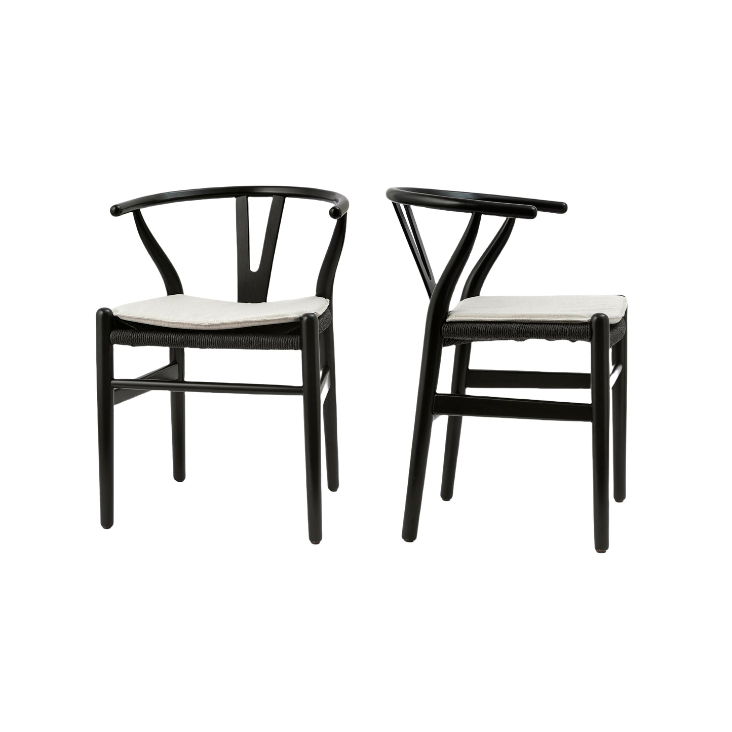 Black wood wishbone chair with woven seat and offwhite cushion