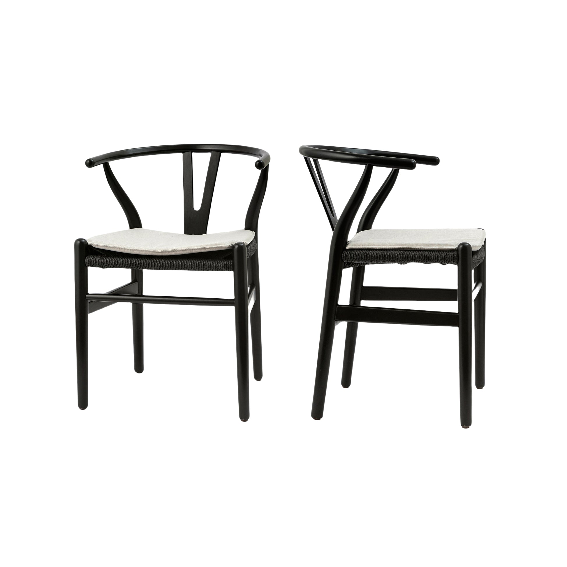 Black wood wishbone chair with woven seat and offwhite cushion