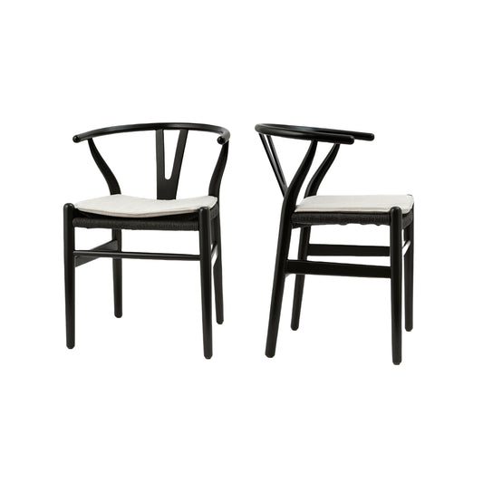 Black wood wishbone chair with woven seat and offwhite cushion