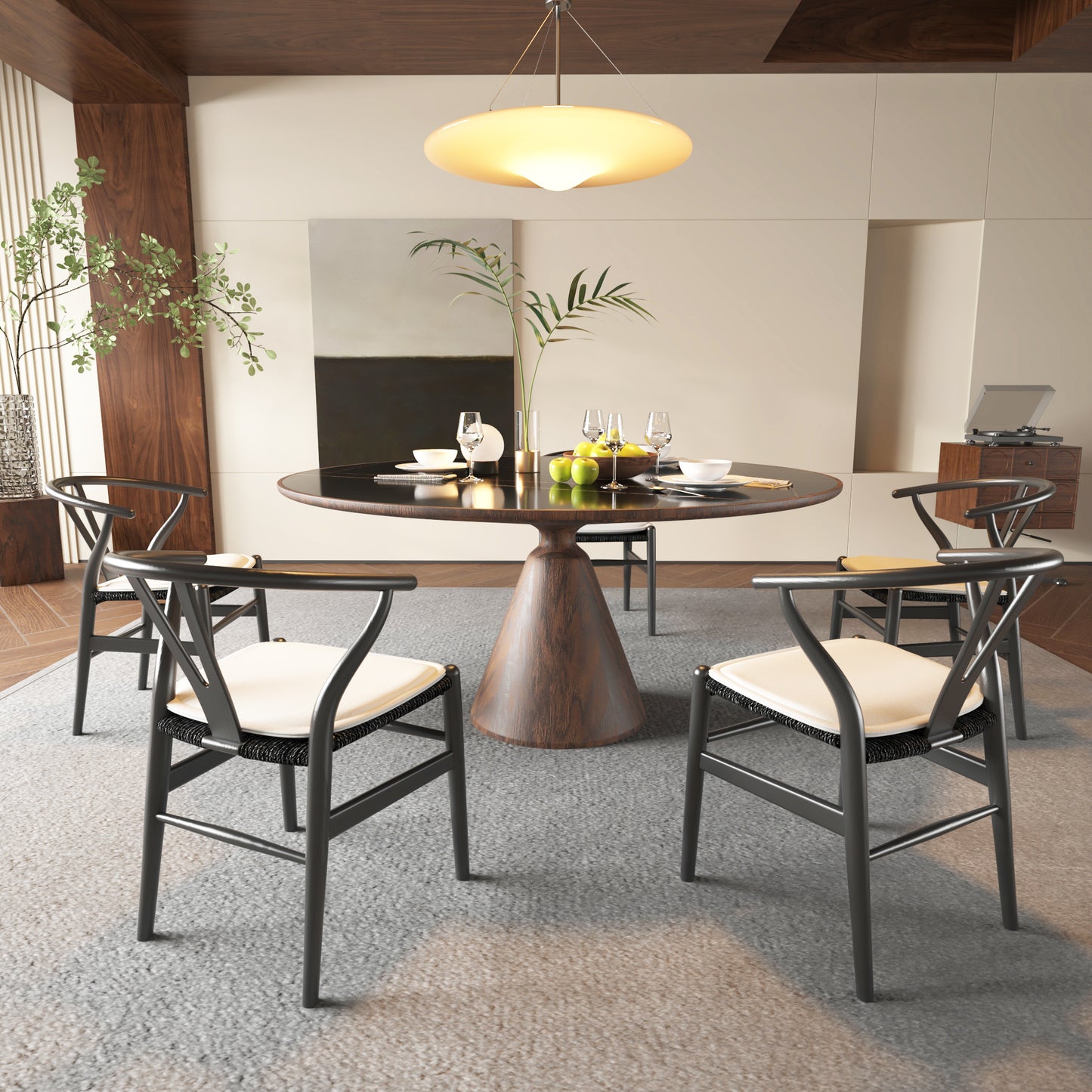 Black wishbone dining chair with white cushioned seat