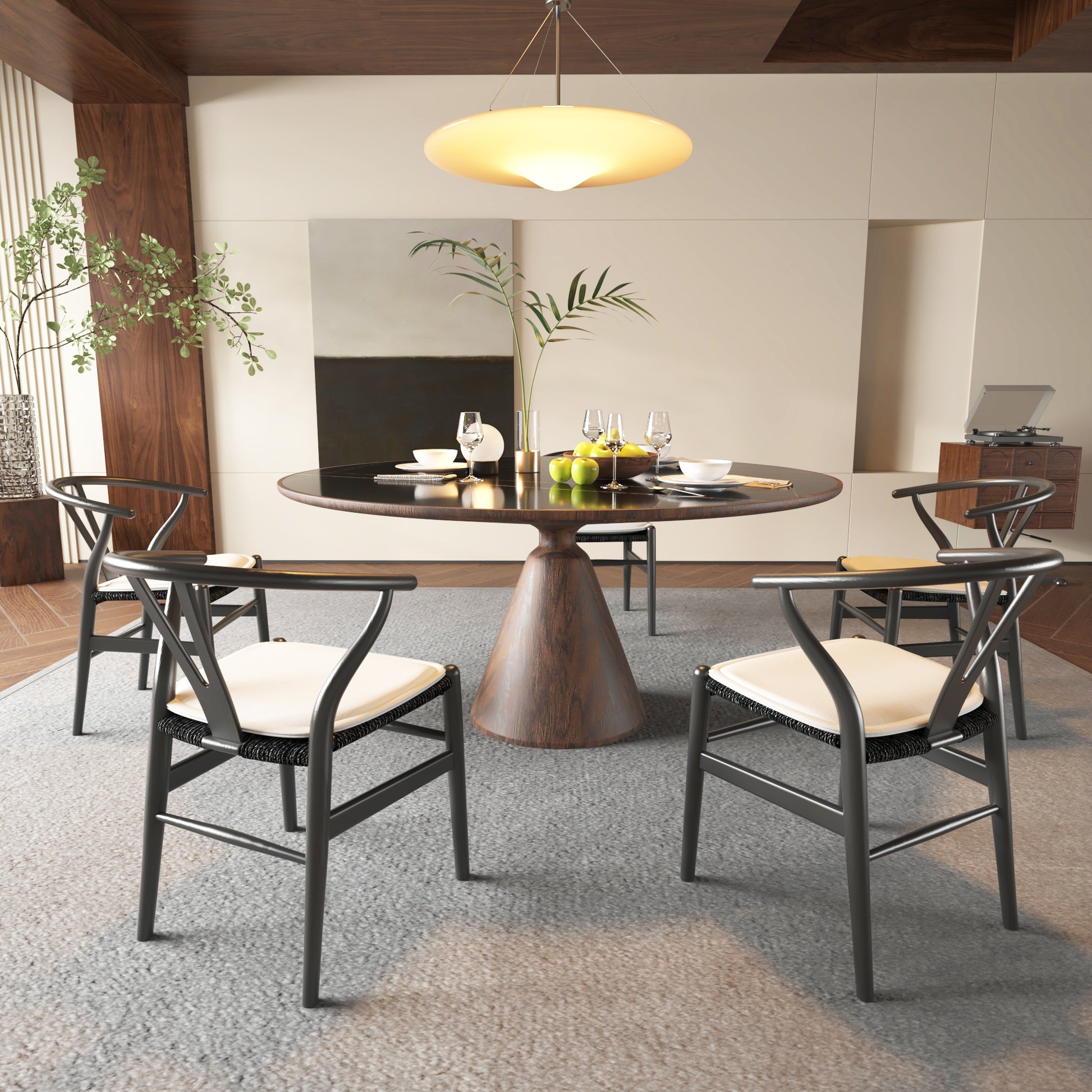 Black wishbone dining chair with white cushioned seat