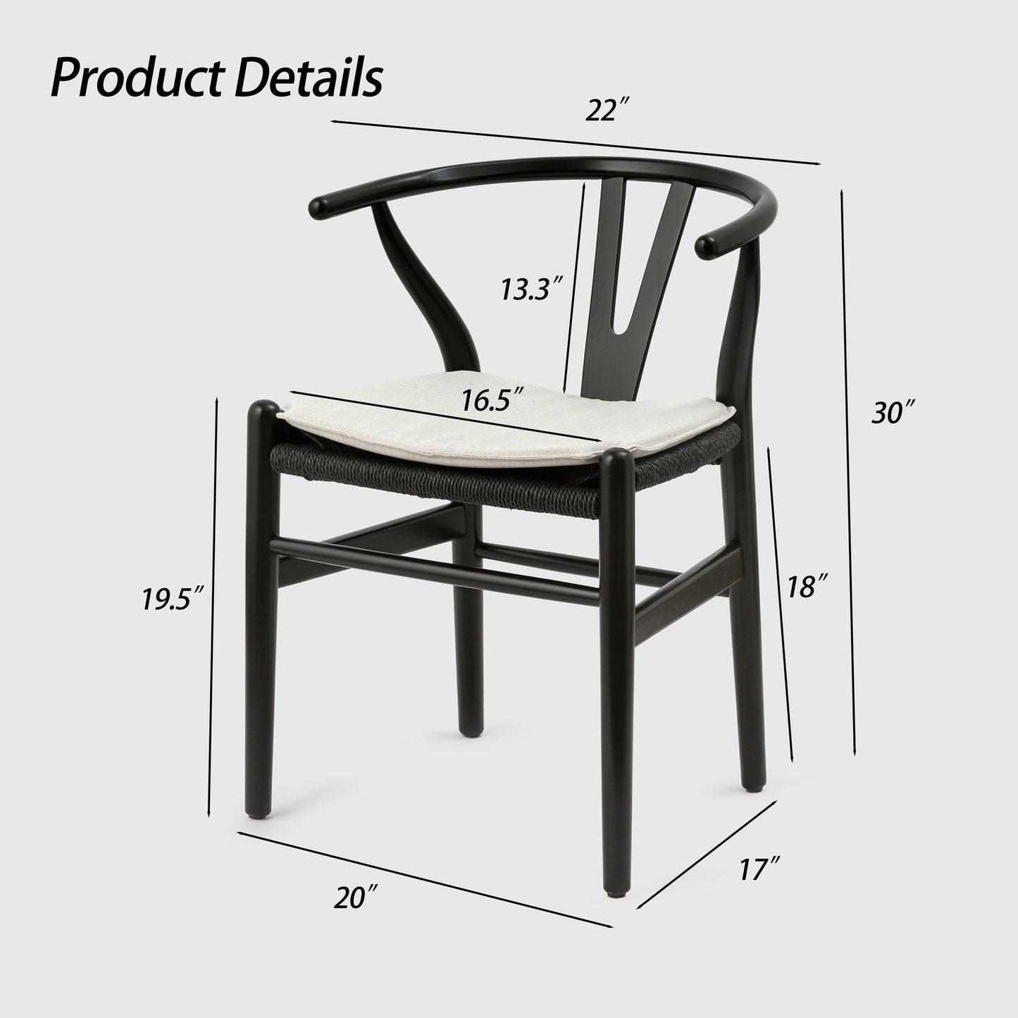 Black wishbone chair with light beige cushion and rope seat