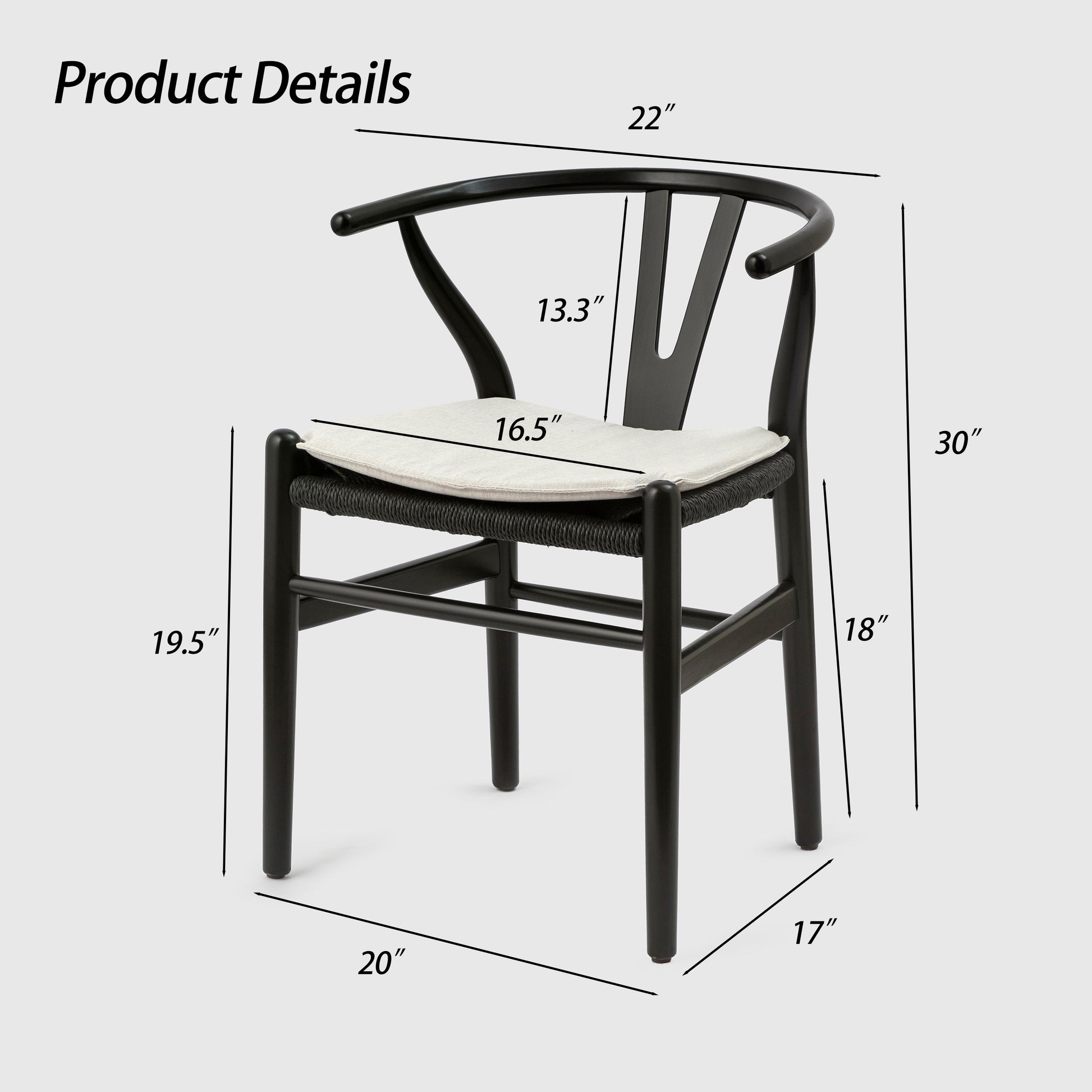 Black wishbone chair with light beige cushion and rope seat