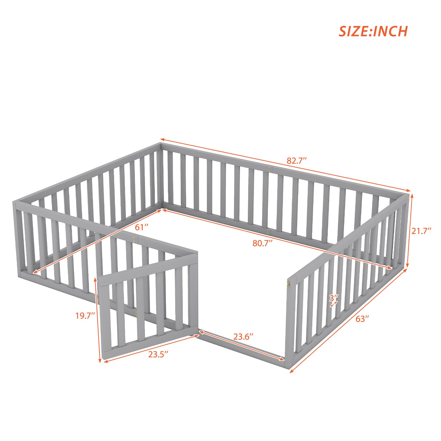 Grey wooden playpen for toddlers with rounded corners and hinged gate