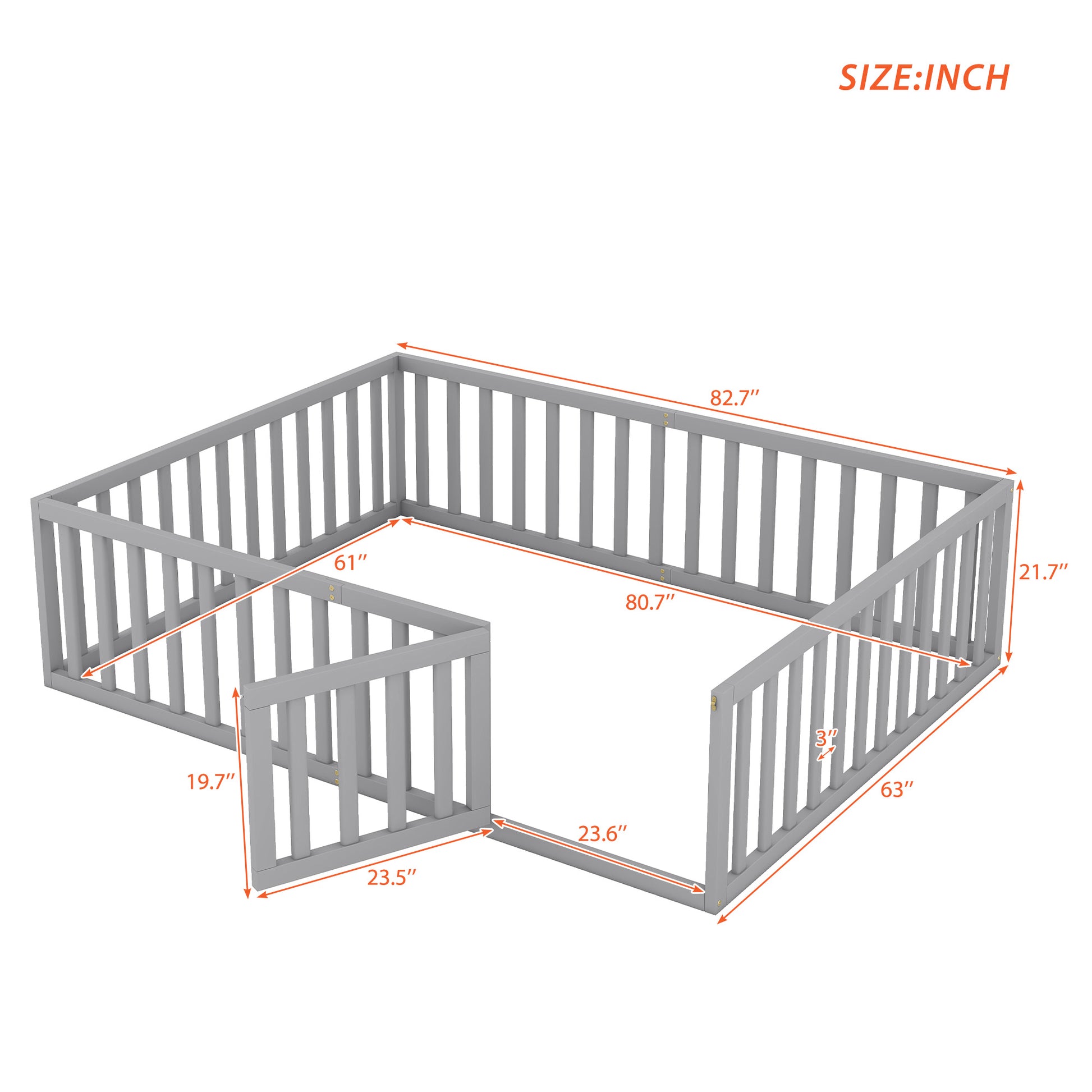 Grey wooden playpen for toddlers with rounded corners and hinged gate