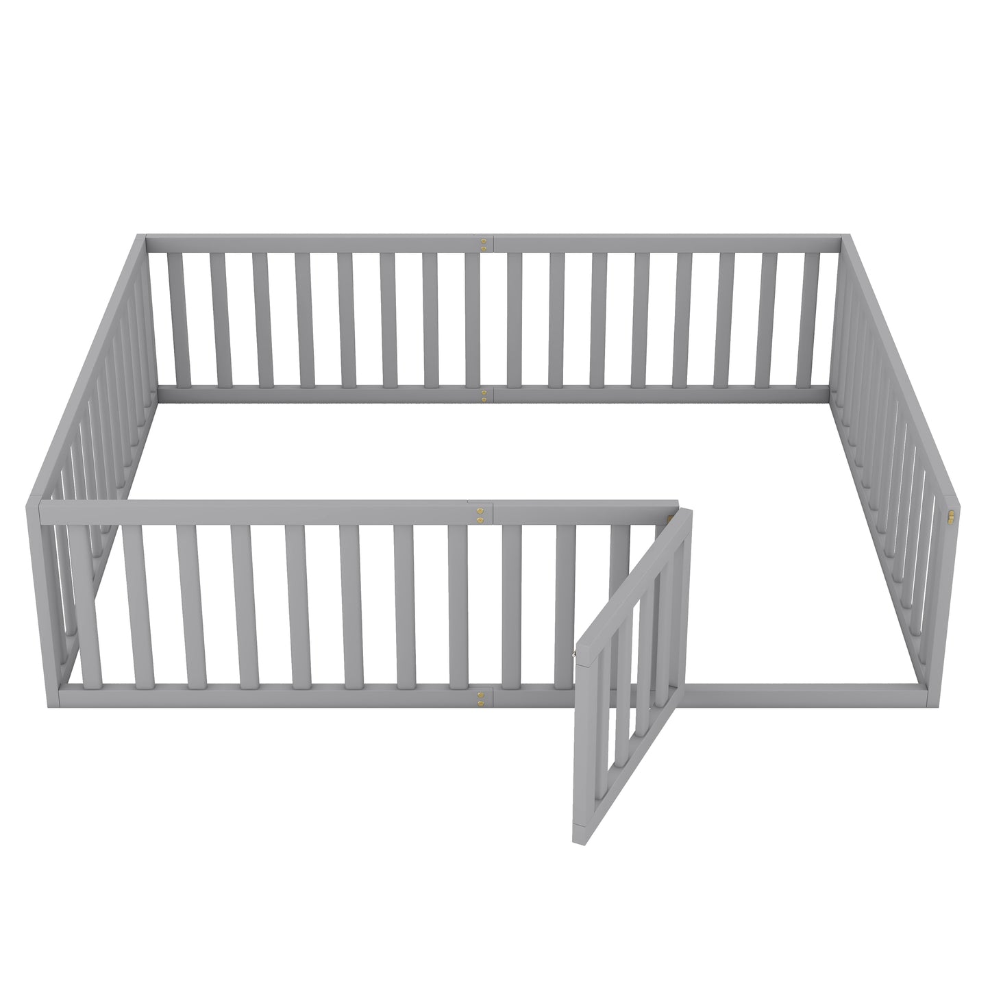 Grey wooden baby playpen with an open gate