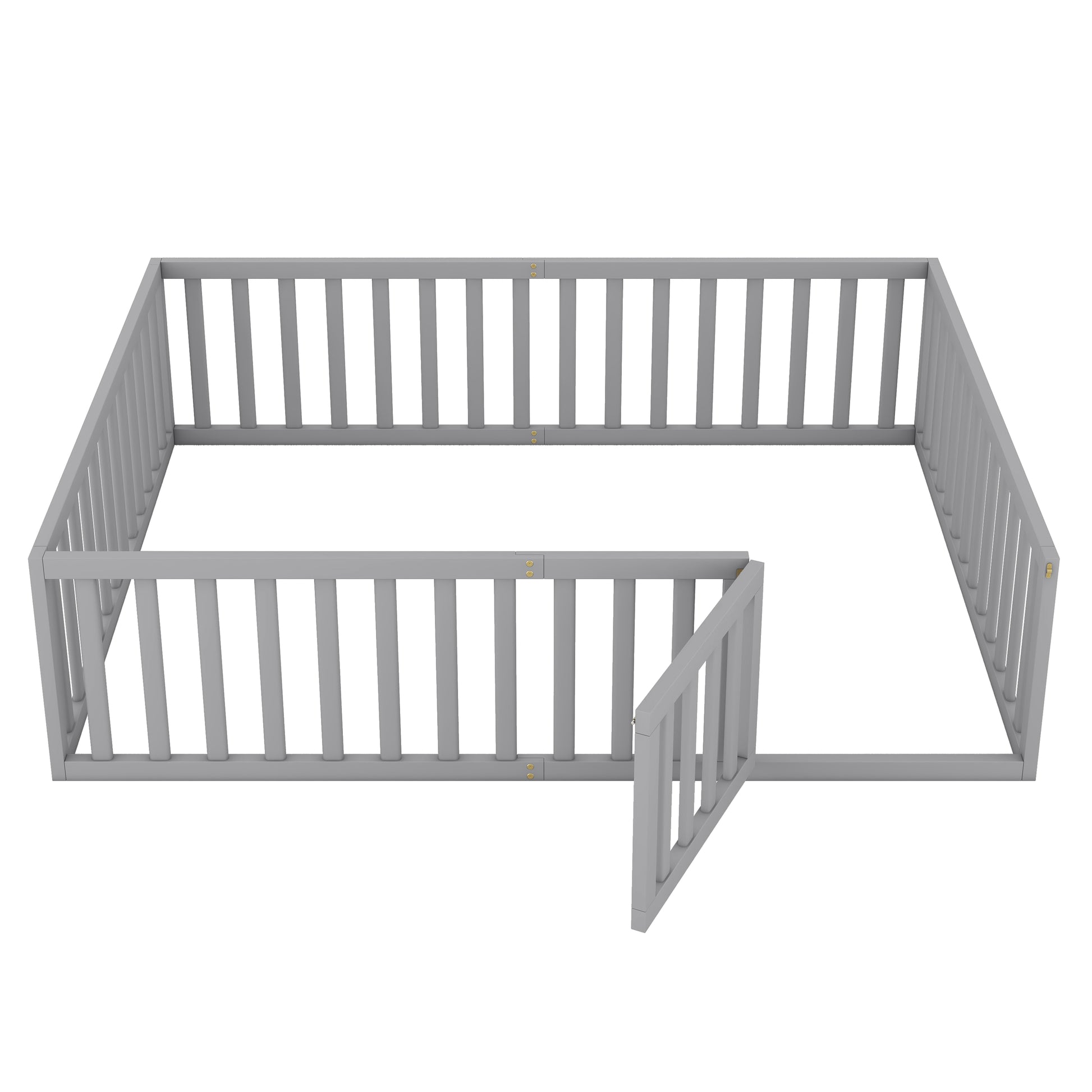 Grey wooden baby playpen with an open gate