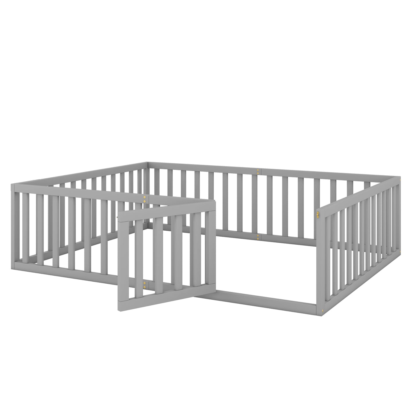Gray wooden baby playpen with an open gate for easy access