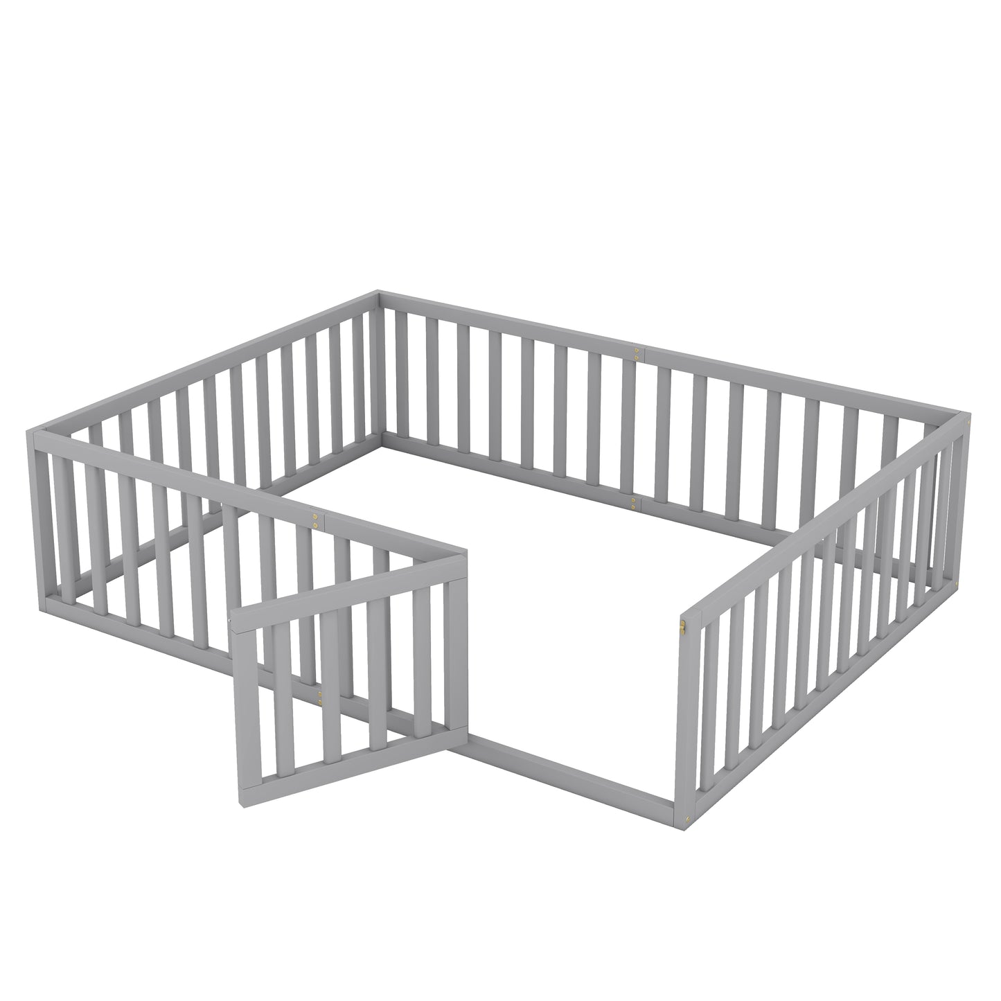 Grey wooden playpen with safety gate