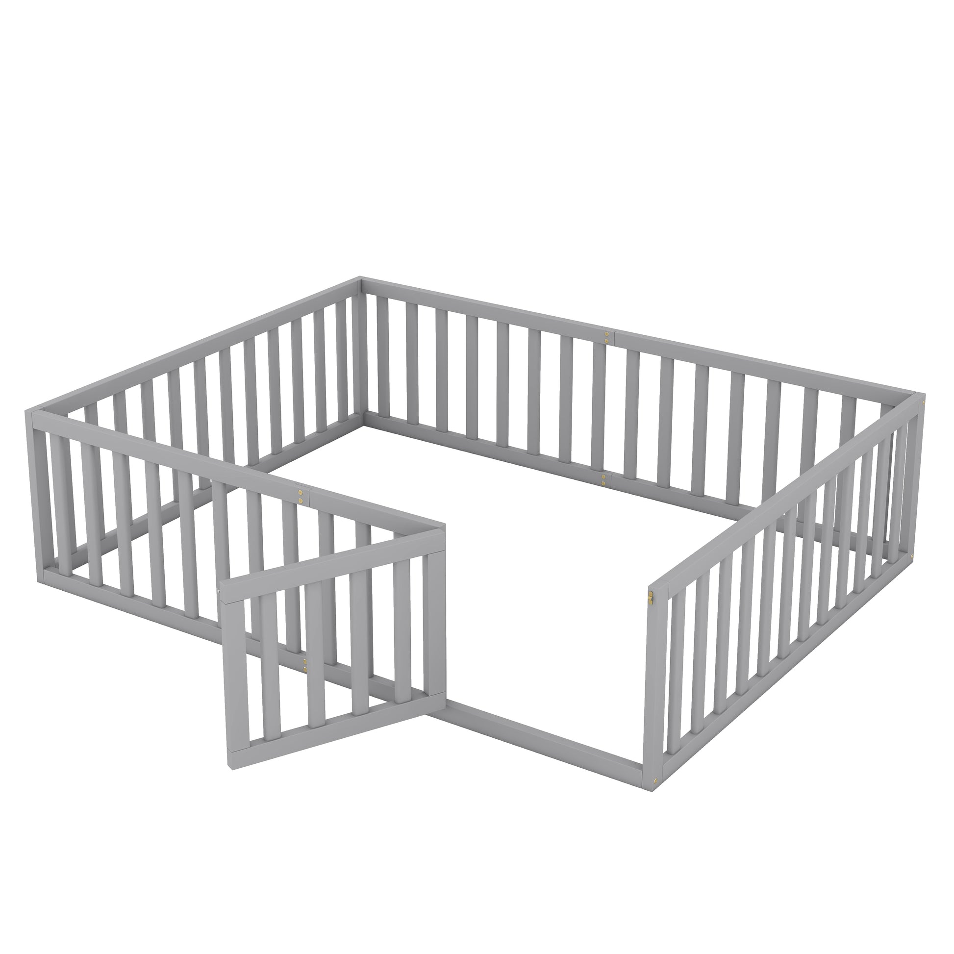 Grey wooden playpen with safety gate