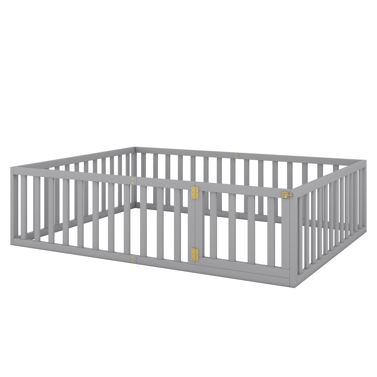 Grey wooden playpen with safety gate