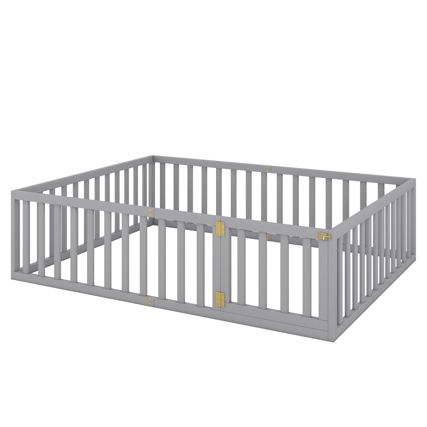 Grey wooden baby playpen with double doors and brass hinges