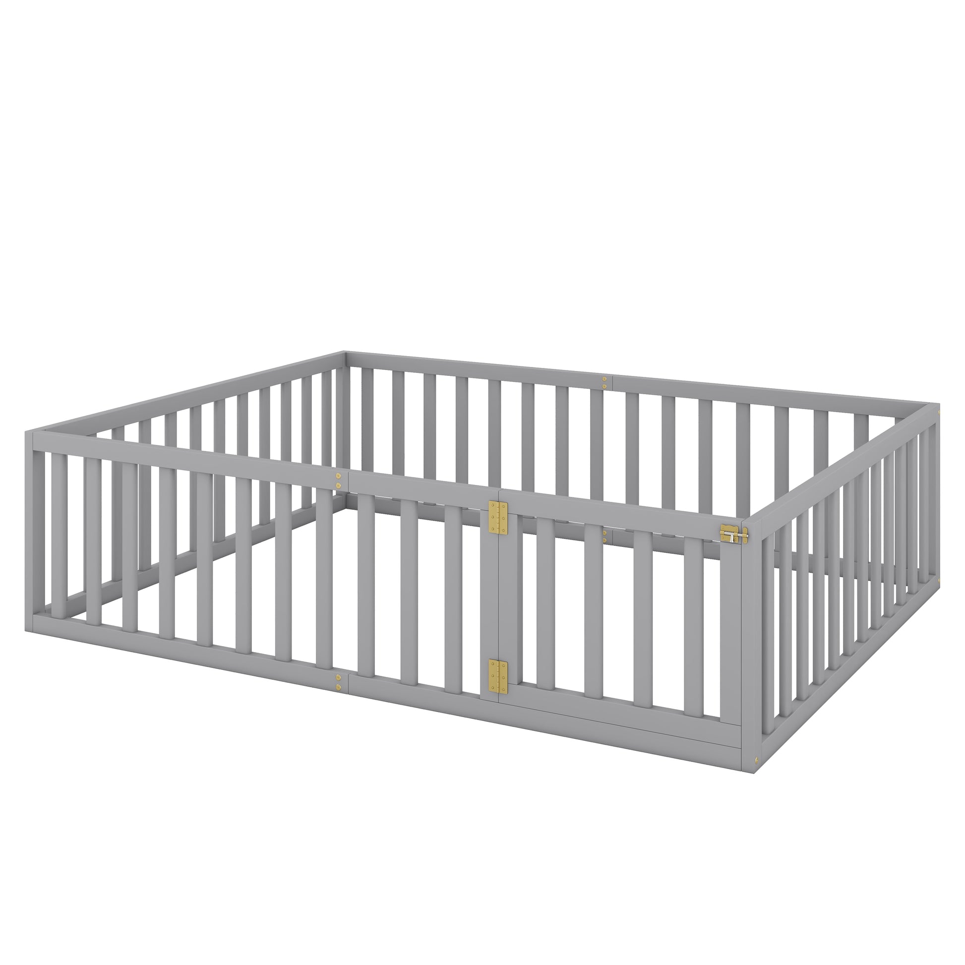 Grey wooden baby playpen with double doors and brass hinges