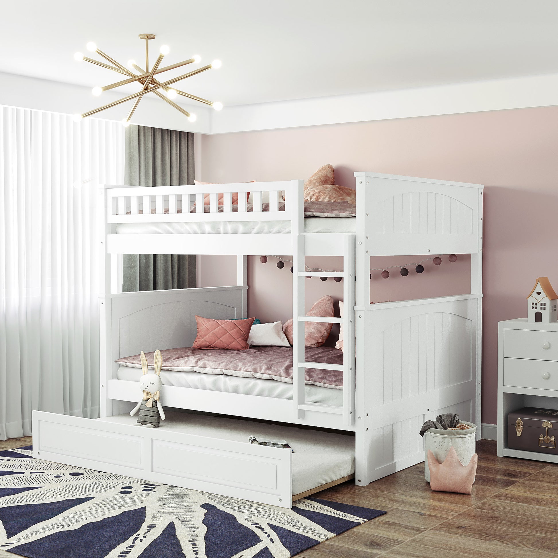 White wooden twin over twin bunk bed with pullout trundle perfect for kids rooms