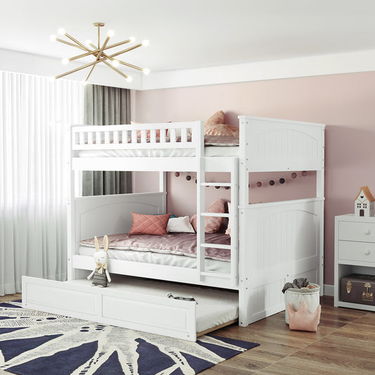 White wooden twin over twin bunk bed with pullout trundle perfect for kids rooms