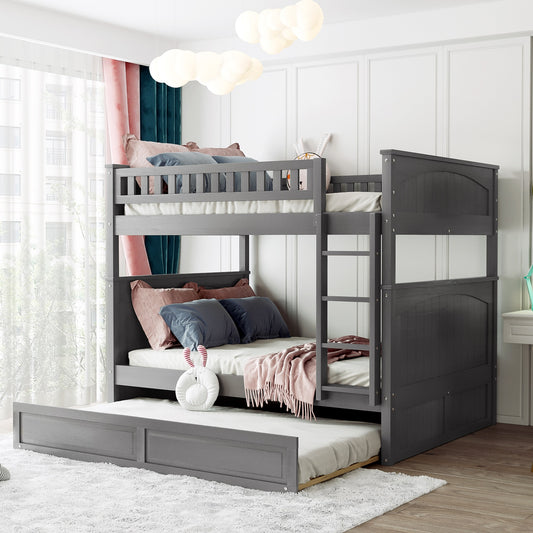Gray wood triple bunk bed with pullout trundle ideal for kids rooms