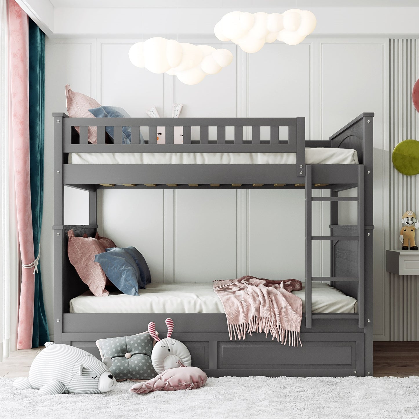 Space-Saving Full Over Full Bunk Bed with Twin Trundle, Brushed Gray