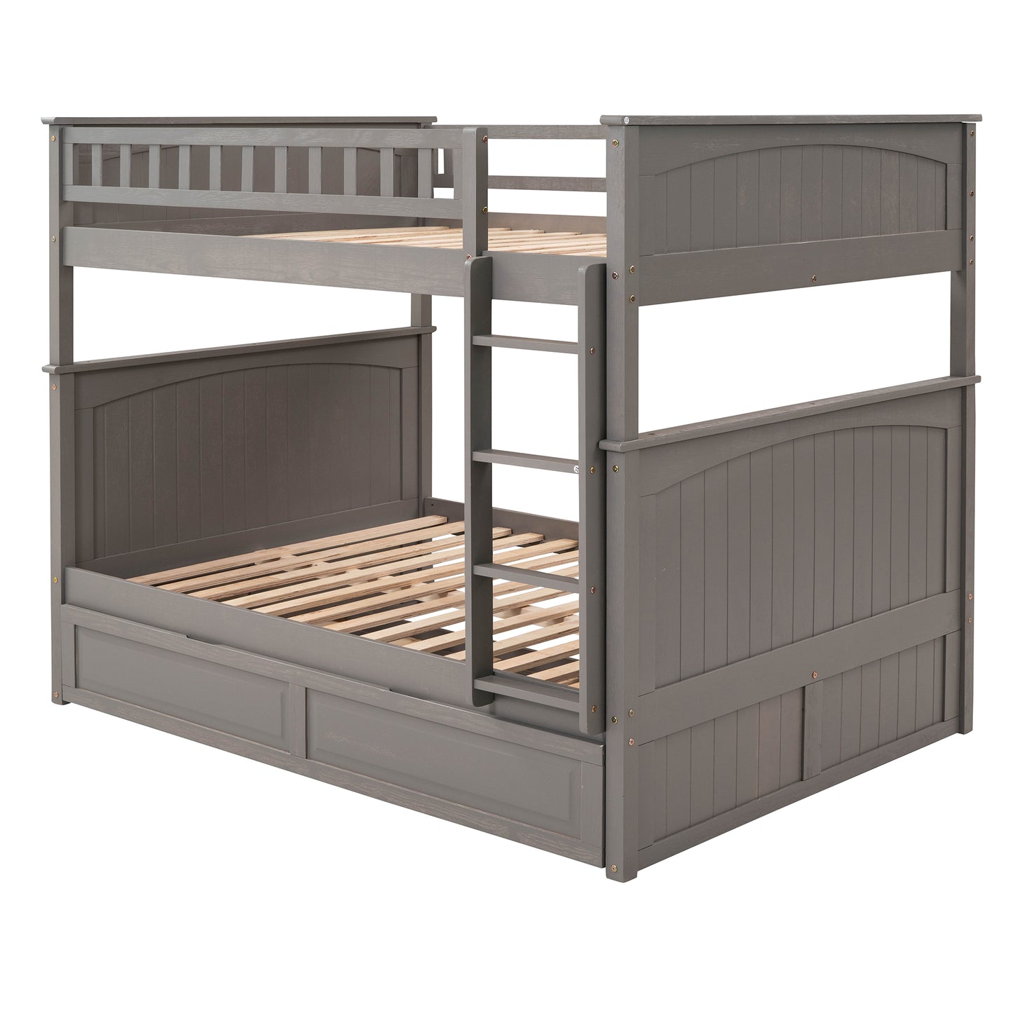 Space-Saving Full Over Full Bunk Bed with Twin Trundle, Brushed Gray