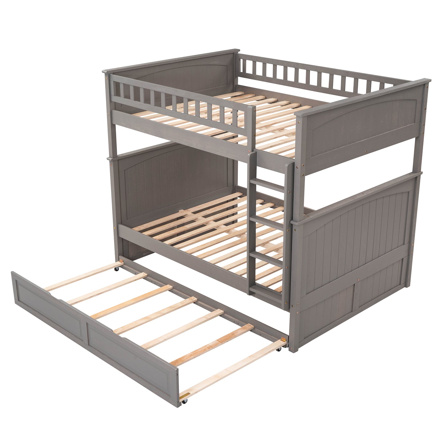 Space-Saving Full Over Full Bunk Bed with Twin Trundle, Brushed Gray