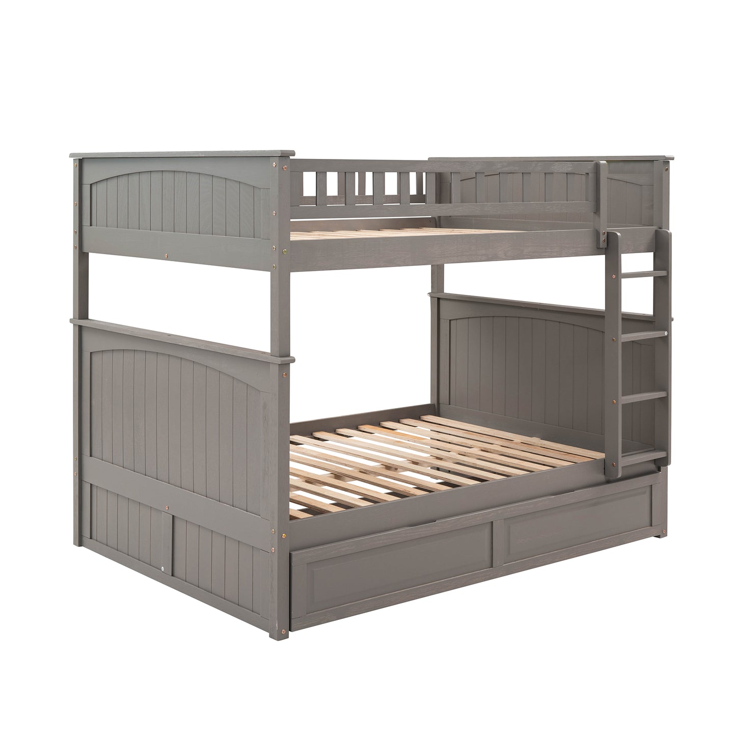 Space-Saving Full Over Full Bunk Bed with Twin Trundle, Brushed Gray