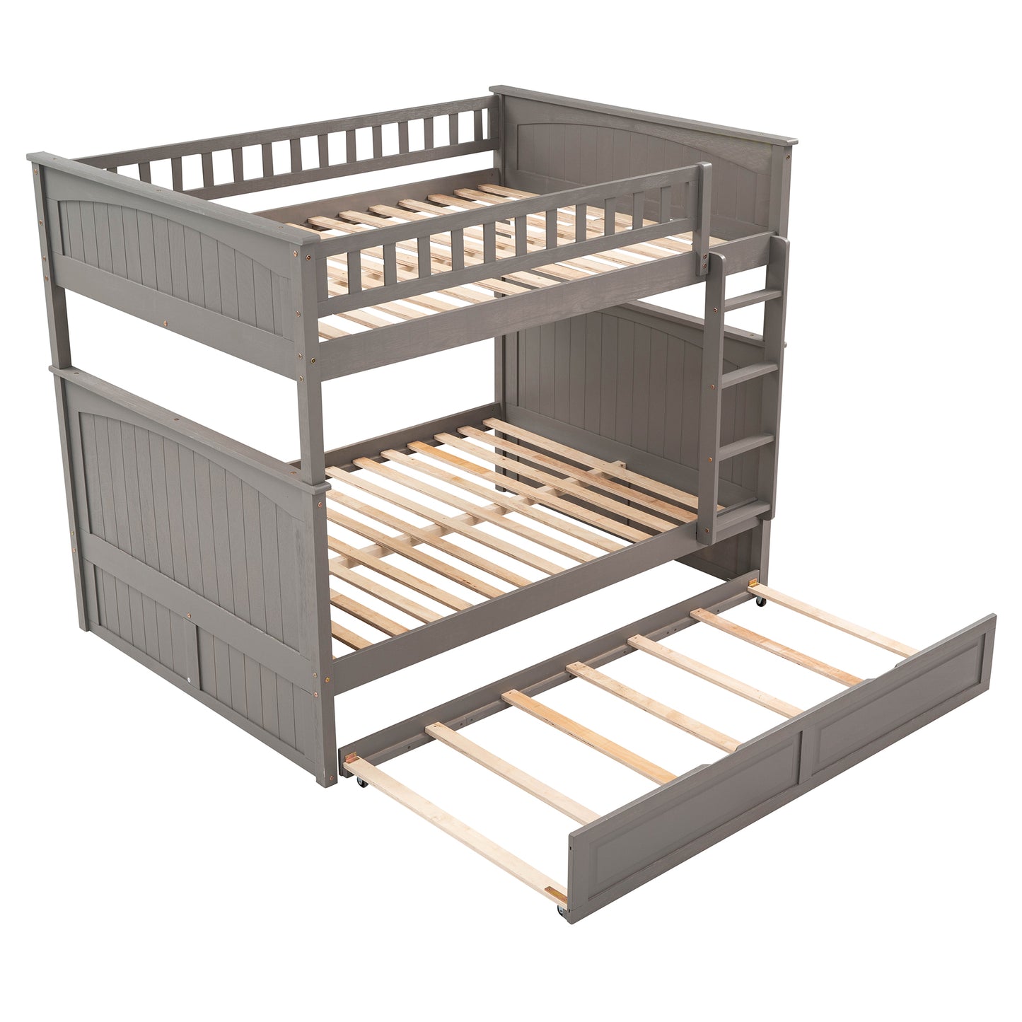 Space-Saving Full Over Full Bunk Bed with Twin Trundle, Brushed Gray