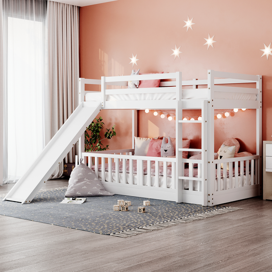 White wooden bunk bed with slide ideal for kids bedrooms