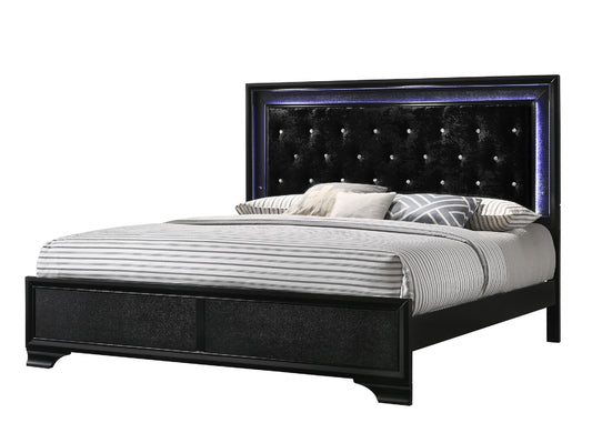 Luxurious black velvet tufted bed frame with crystal accents and LED headboard lighting