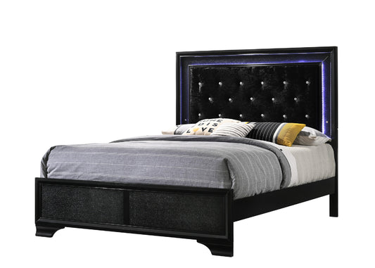 Black upholstered bed frame with tufted headboard and LED lighting