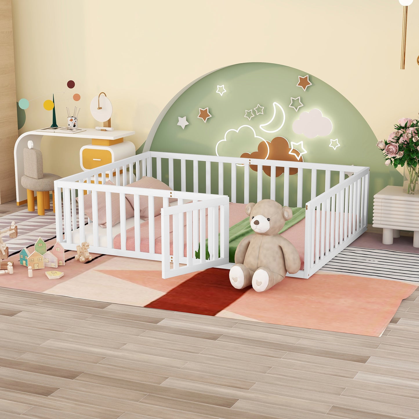 White wooden baby playpen with a teddy bear inside