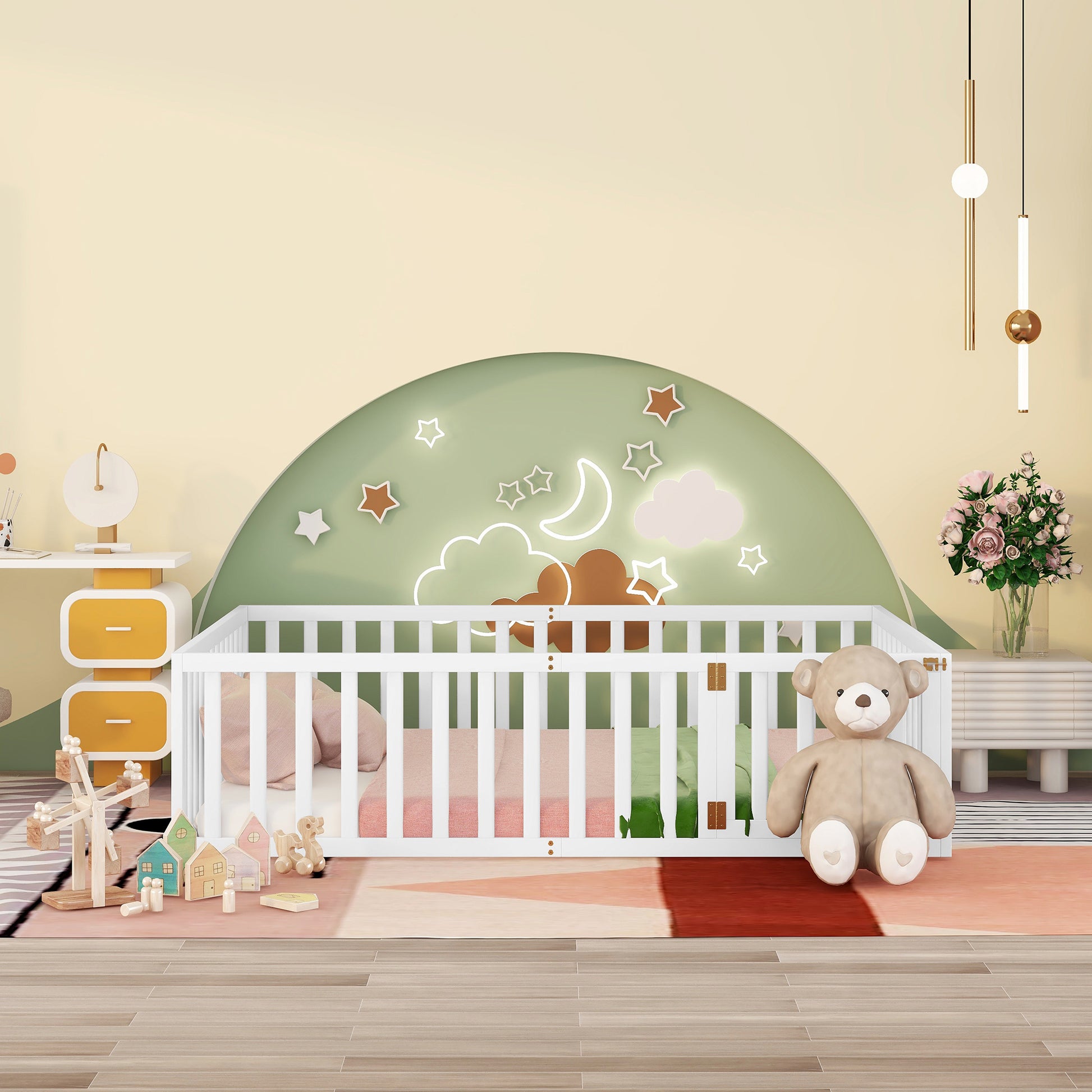 White wooden crib with pink bedding and a teddy bear