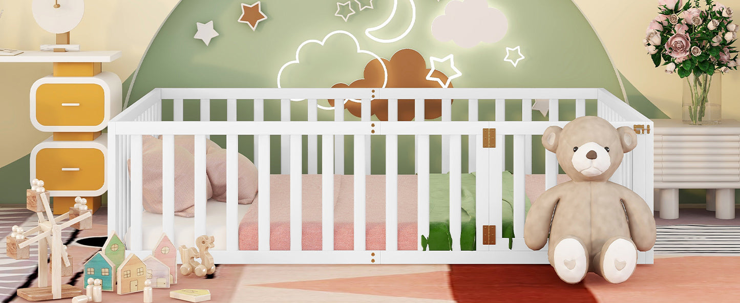 White wooden baby crib with pink and green bedding and a teddy bear