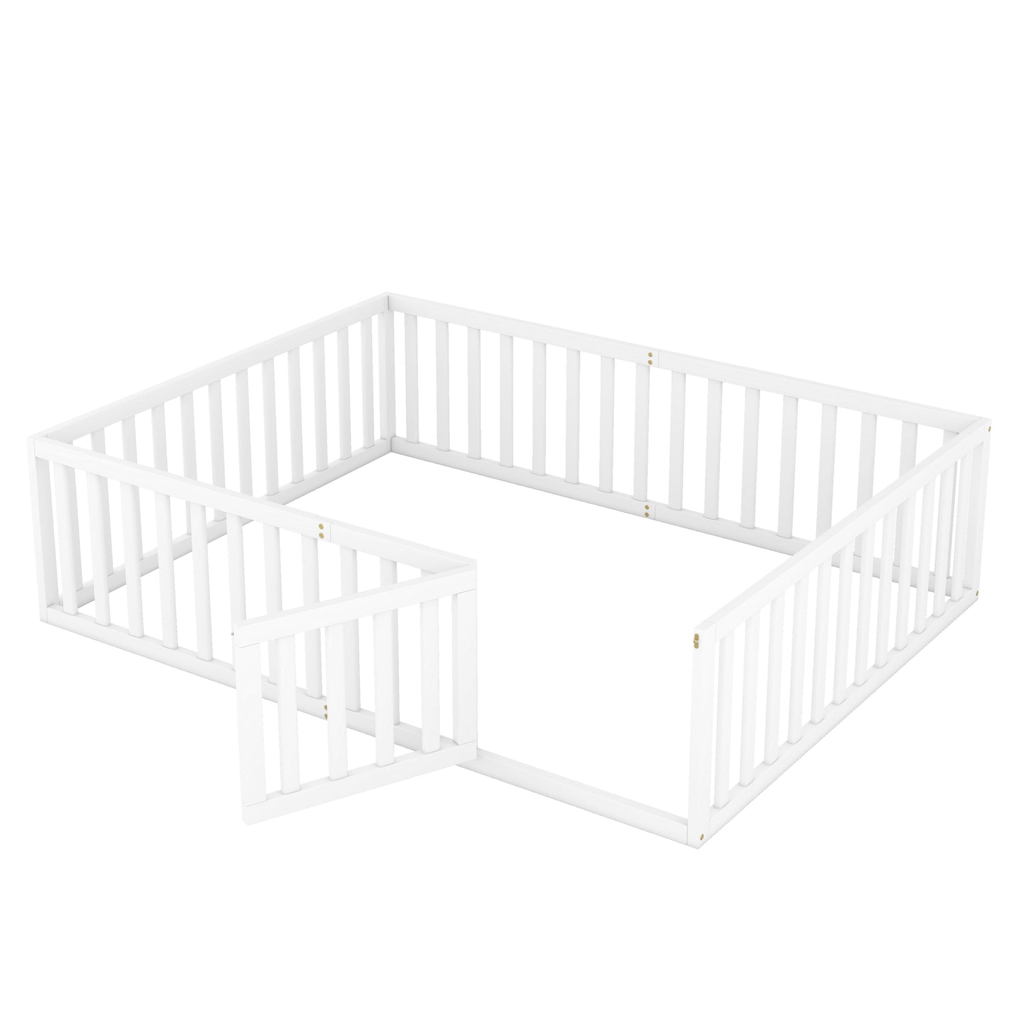 White wooden baby playpen with hinged gate for safe play