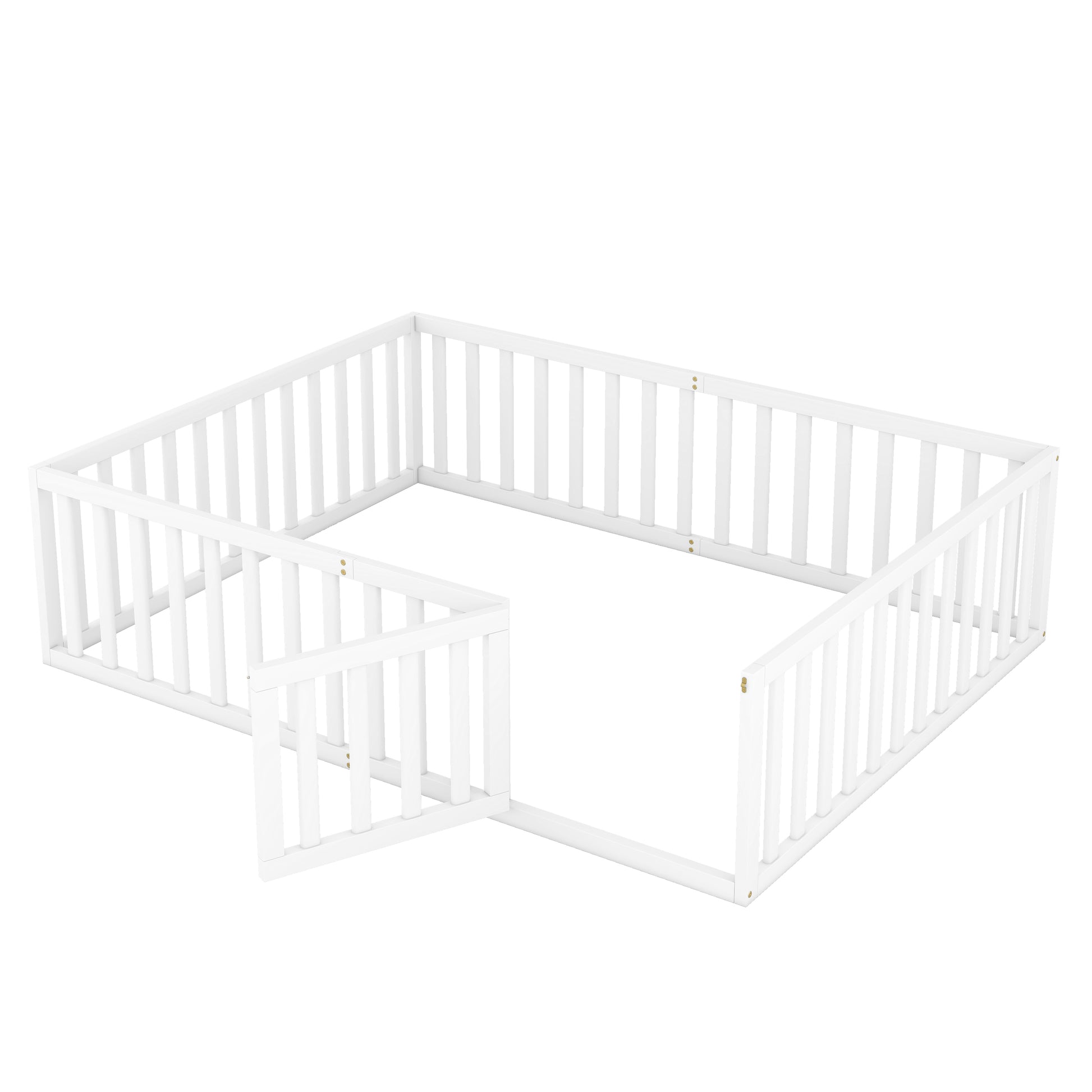 White wooden baby playpen with hinged gate for safe play