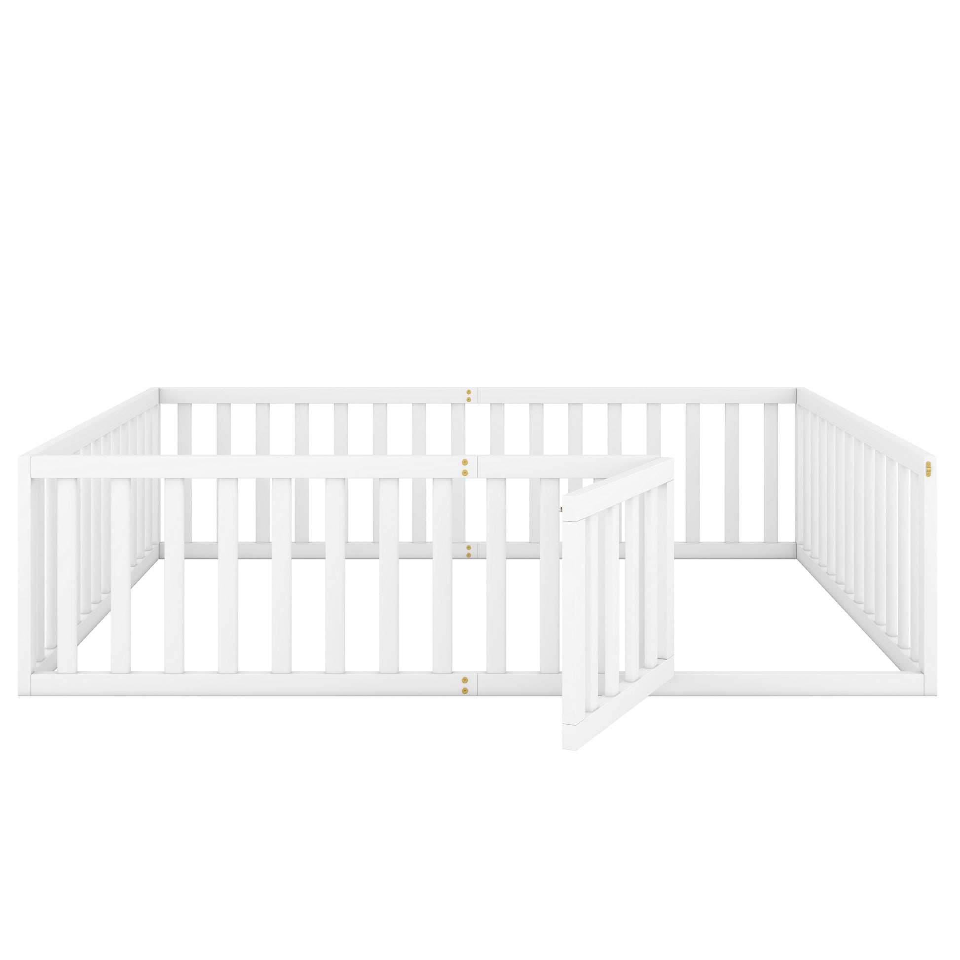 White wooden baby playpen with a gate