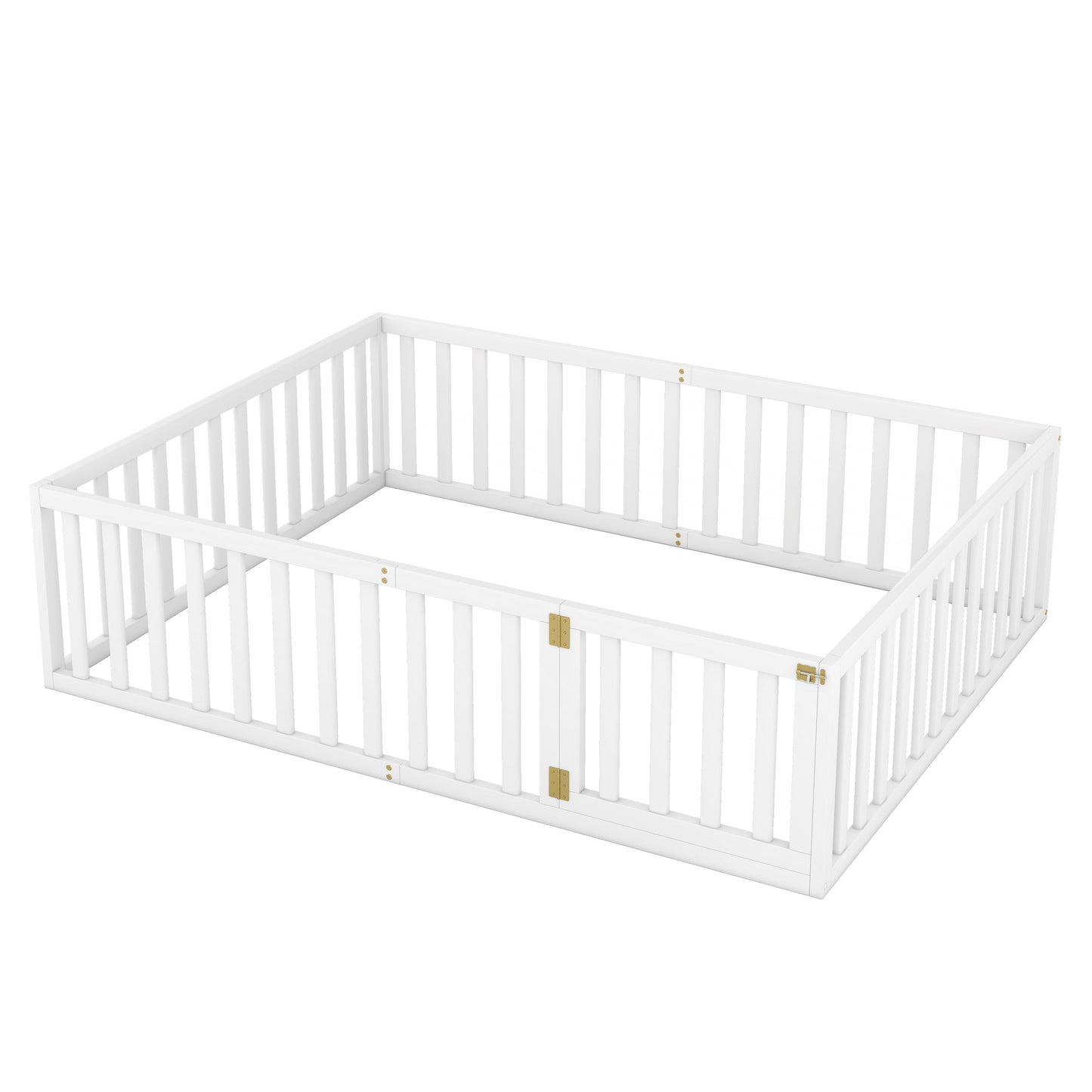 White wooden baby playpen with safety gate and gold hinges