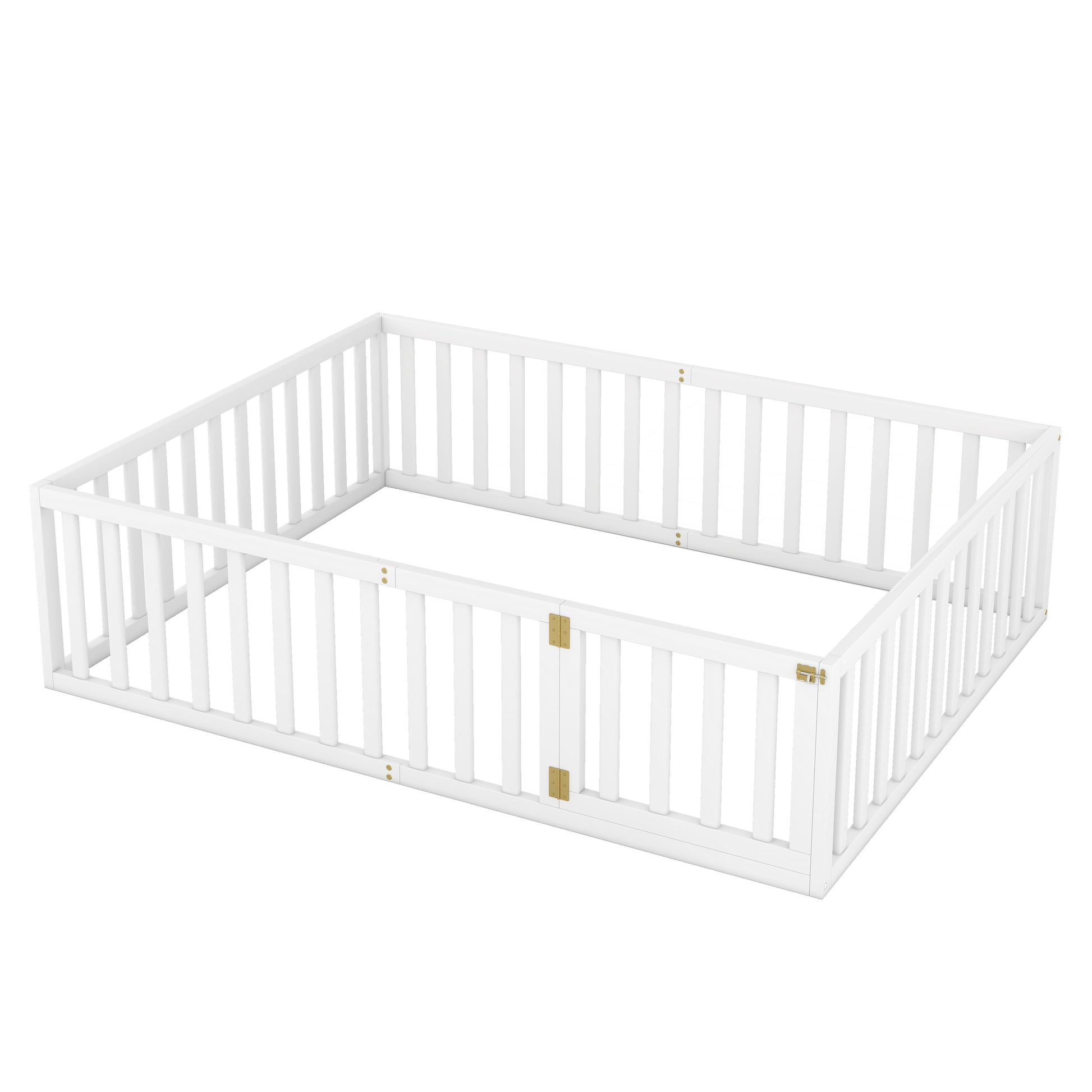 White wooden baby playpen with safety gate and gold hinges