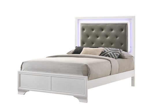 Modern white bed frame with gray tufted headboard and LED lighting