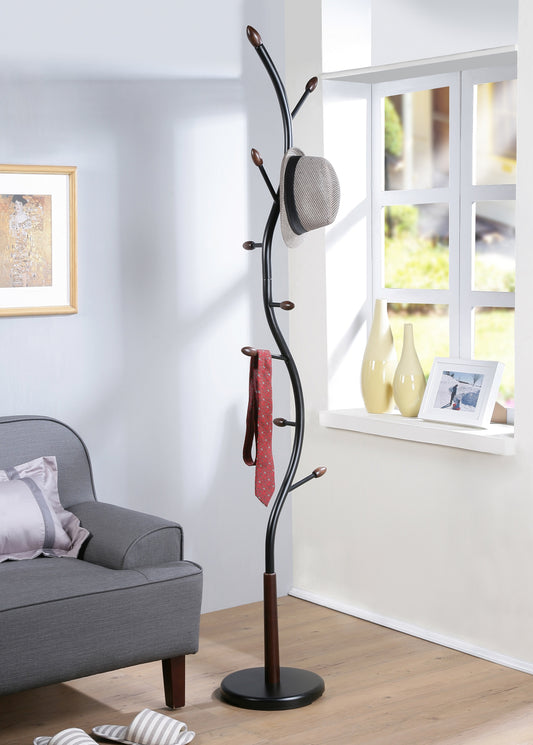 Black metal coat rack with wooden accents
