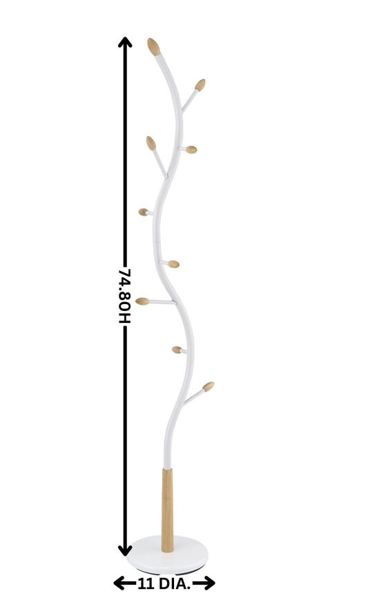 White modern coat rack with wooden accents
